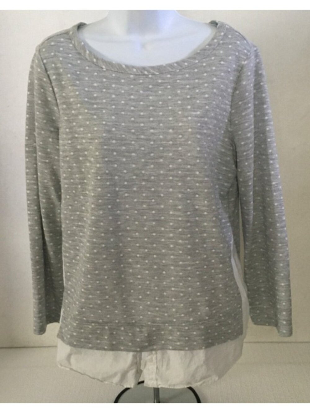 Loft Top Size M Gray w White Polka Dots White Lined Long Sleeves Round Neck
